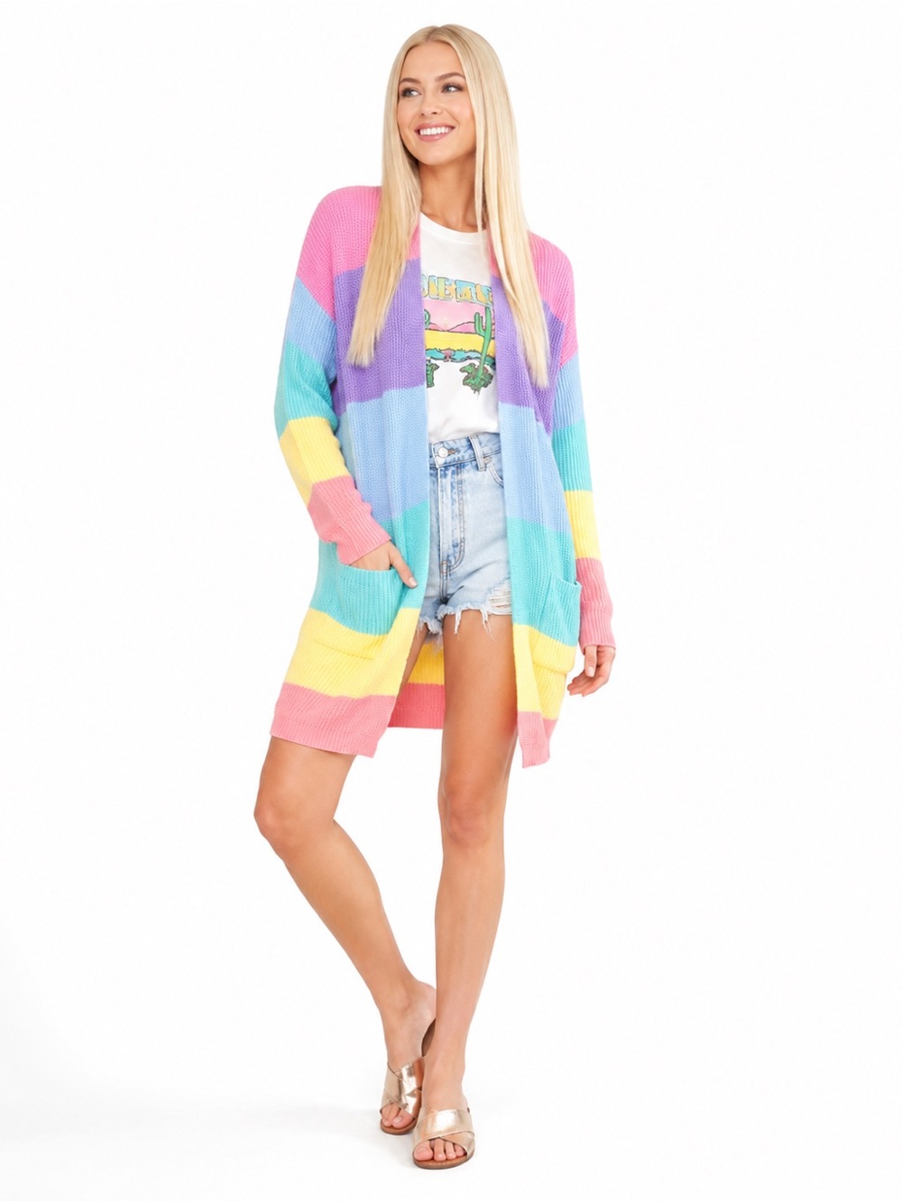 ZESICA XL Pastel Rainbow Colorblock Long Open Front Knit Cardigan Pockets